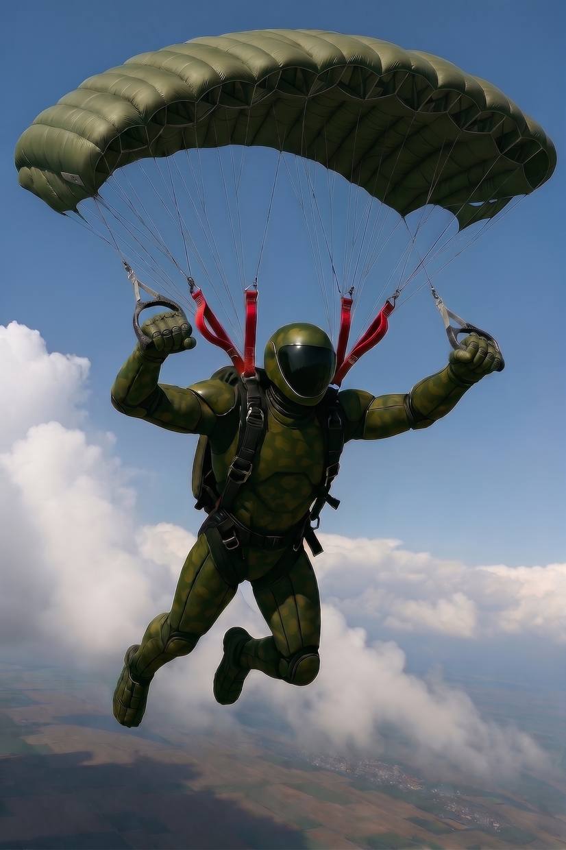 The AV-RX Mk.II descending under a military parachute canopy