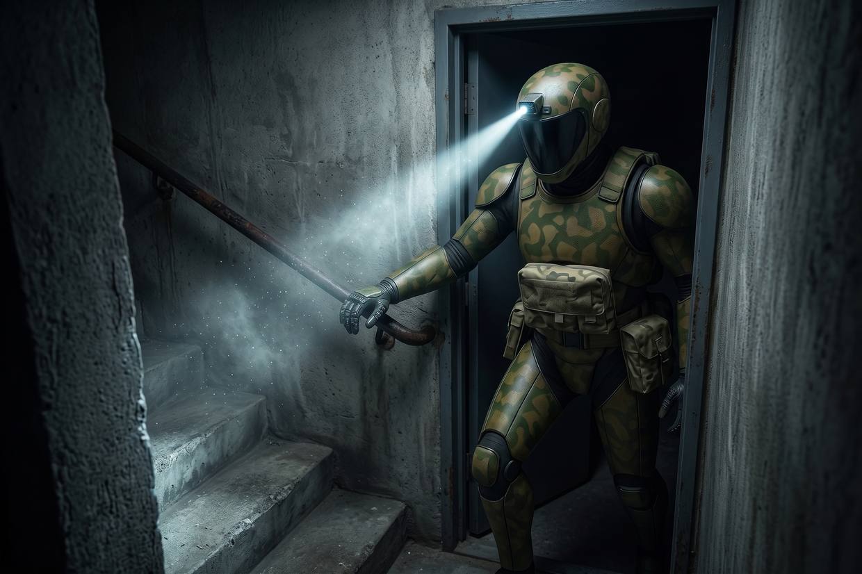 A robot opening a steel door onto a concrete stairwell, headlamp on