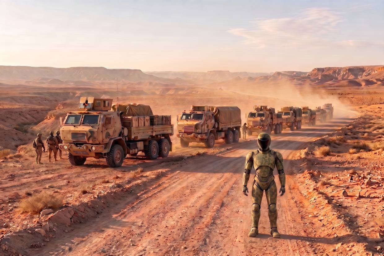 A robot standing on a desert track beside a halted logistics convoy