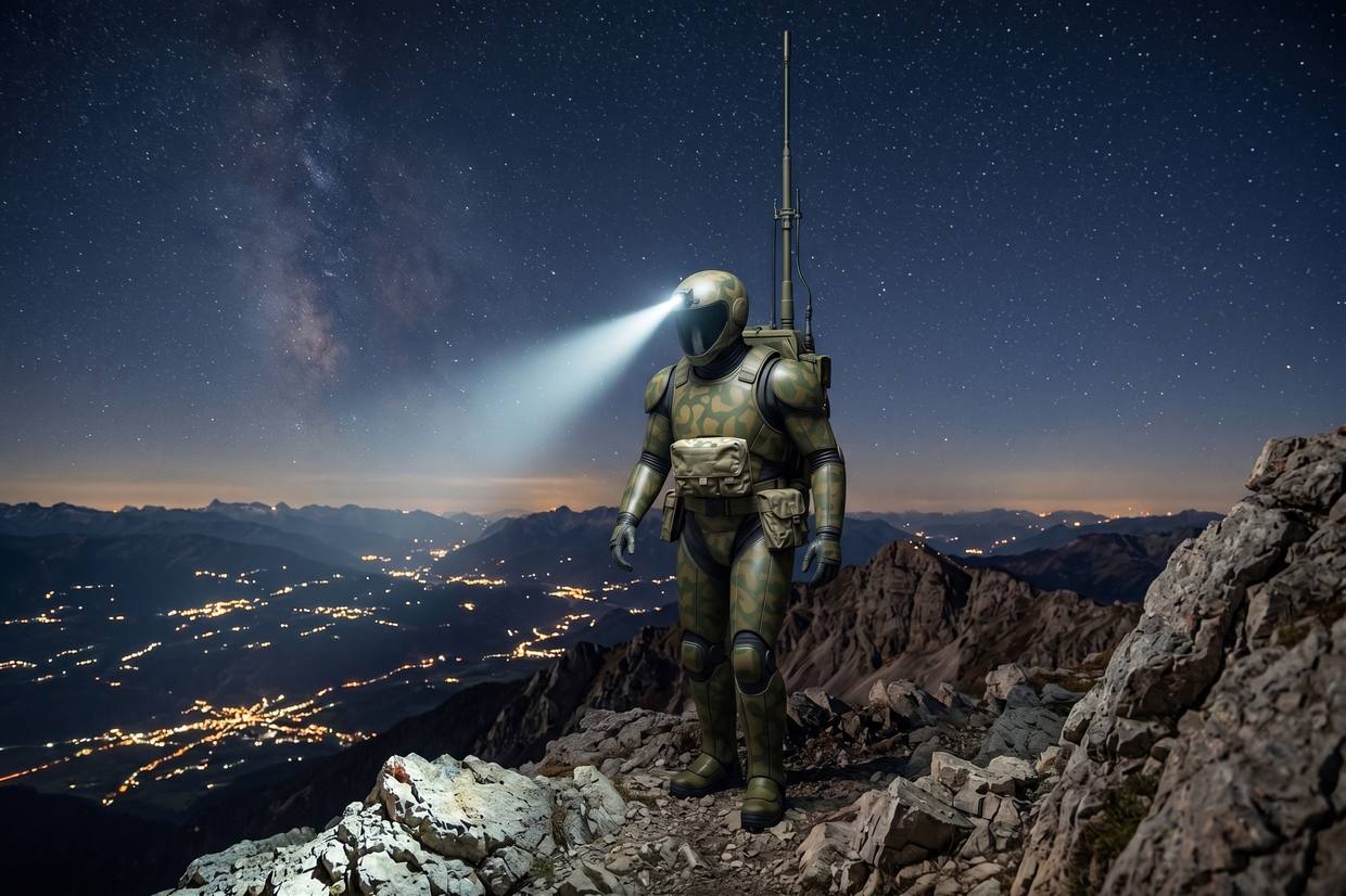 A robot standing on a ridge at night with a mast antenna, valley lights below