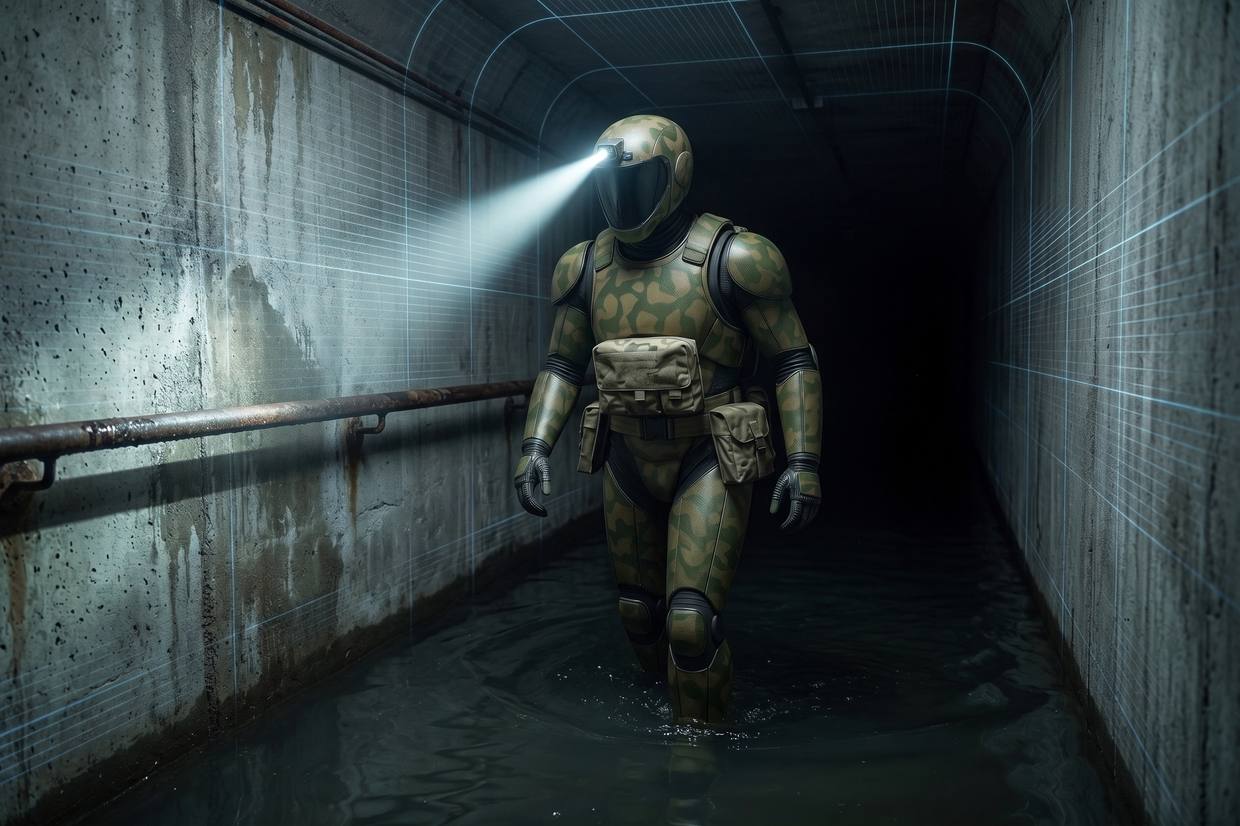 A robot wading a flooded utility tunnel while mapping the walls