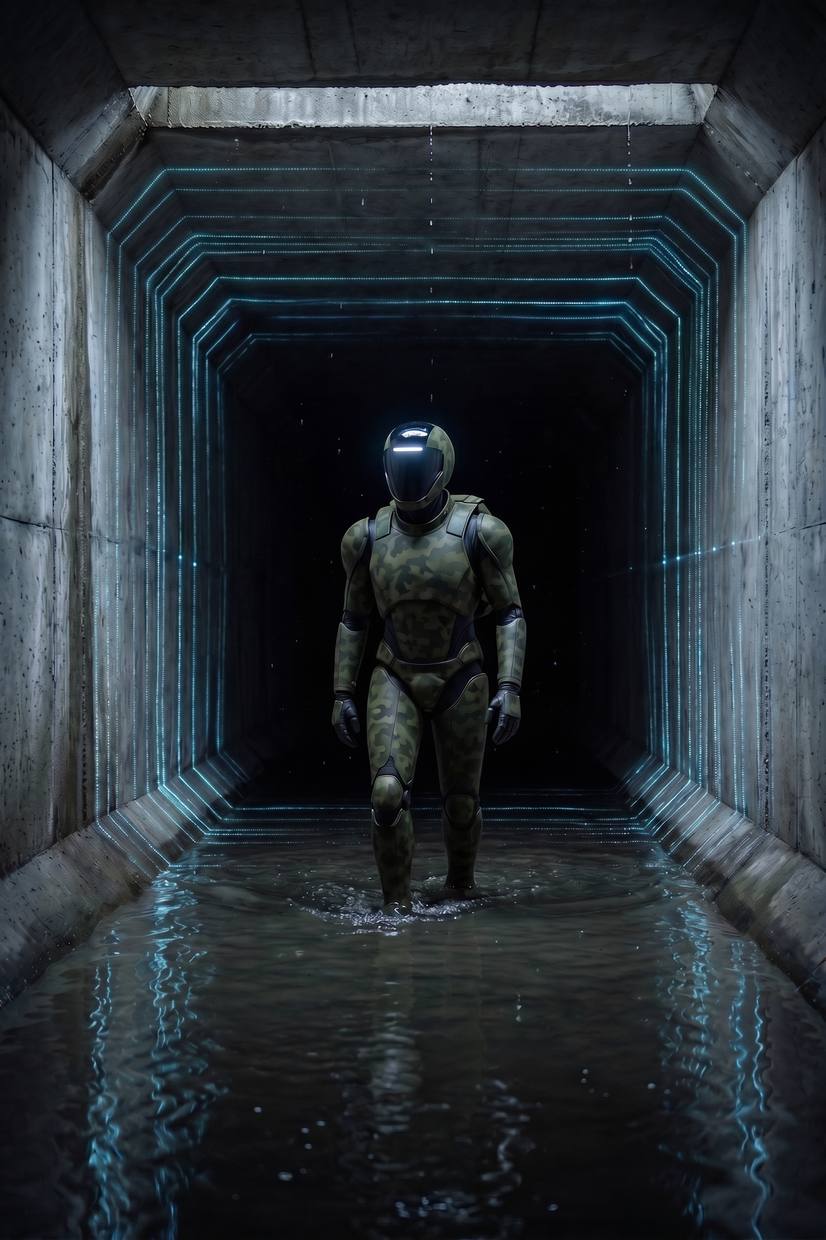 The robot advancing through a flooded concrete tunnel, its mapping mesh drawn along the walls