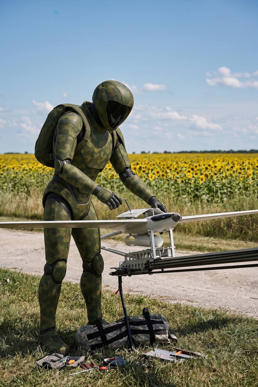 A robot preparing a fixed-wing surveillance drone on a catapult beside a field