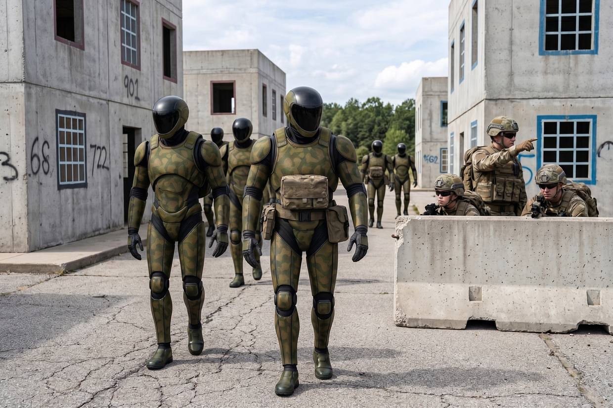 Robots moving through a concrete urban training village alongside soldiers in cover